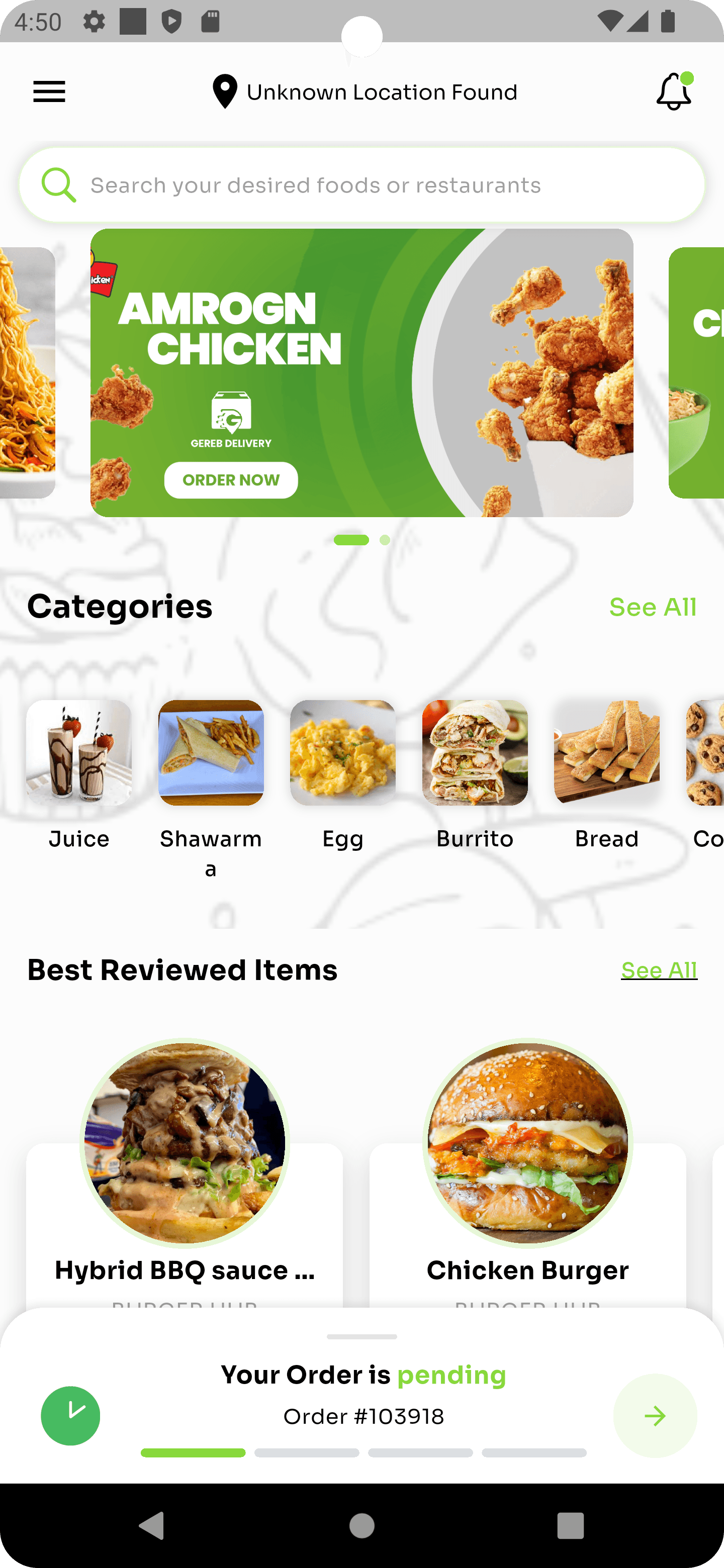 The Gereb Delivery app — browsing restaurants with a live order in progress